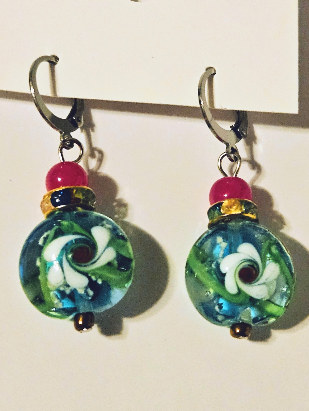 Handmade Blue Green Floral Glass Drop Earrings - Pink Accent